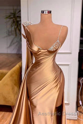 Satin Gold One Shoulder Mermaid Evening Prom Dresses With Slit